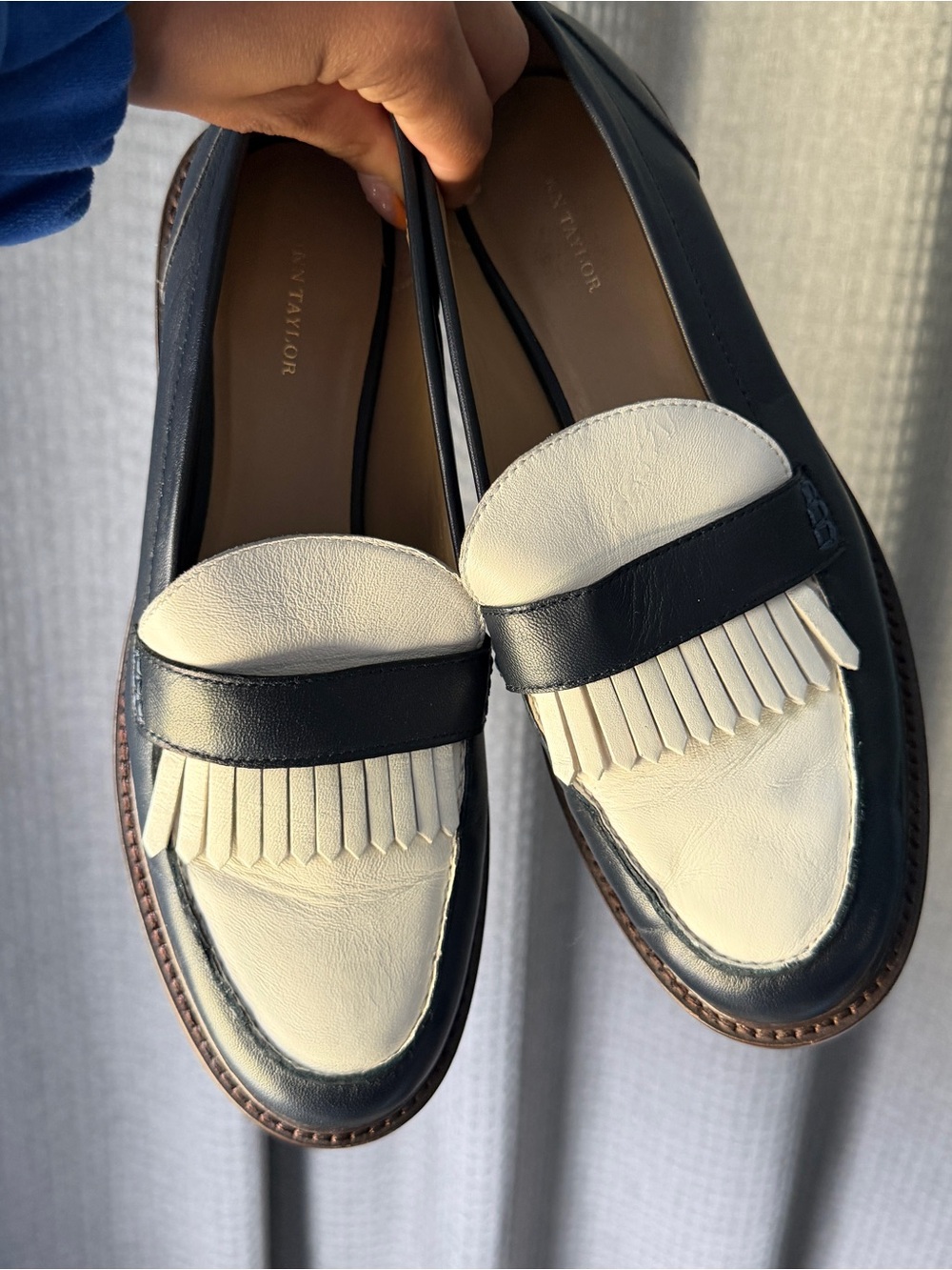 Women’s Two-Tone Fringe Penny Loafers in Navy and Cream - Picture 5 of 5